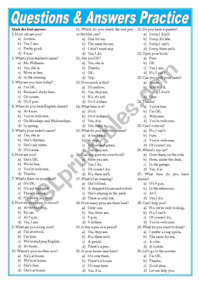 Questions & Answers Practice (There is/are, to be, present simple / continuous, can) - multiple choice - keys included [2 pages] ***editable